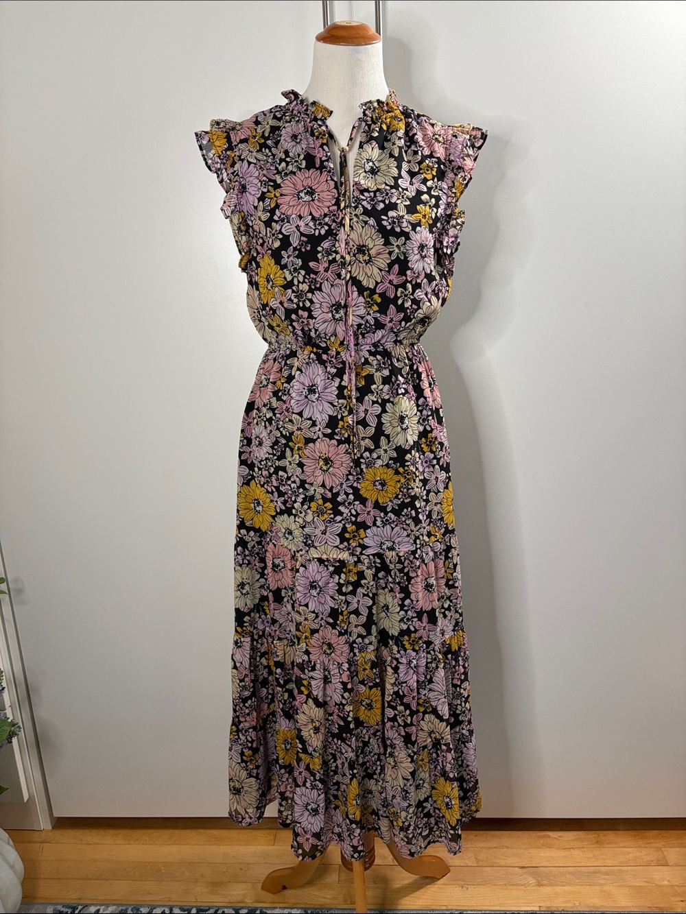 BB Dakota by Steve Madden Black Floral Maxi Dress with Pink & Yellow Blooms S